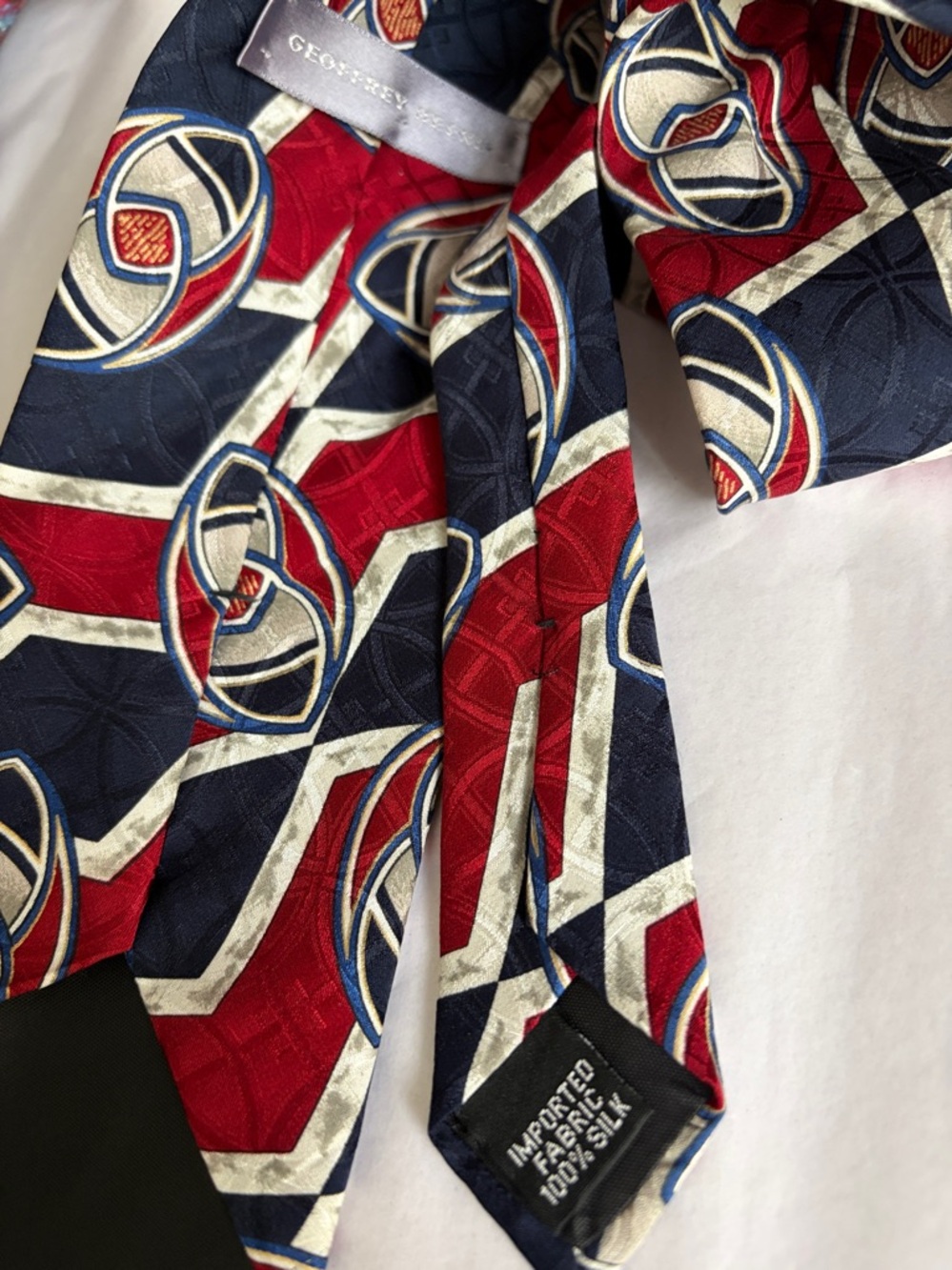 Geoffrey Beene Red, Navy and Silver Geometric Silk Tie - Picture 4 of 6